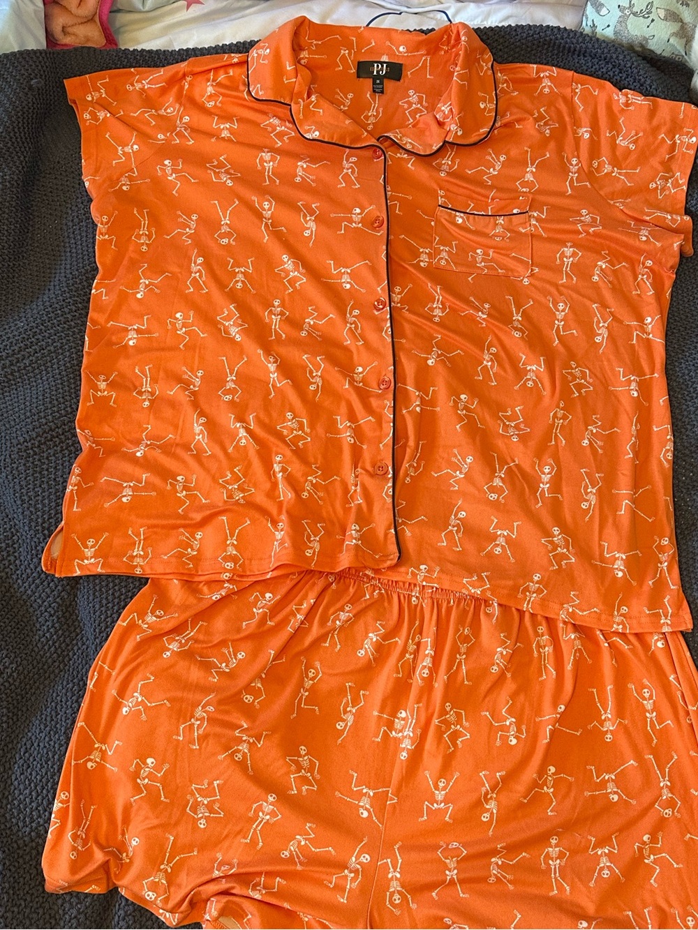 PJ Essentials Orange & White Womens' 2 pc Pajama Set - Halloween Skeleton Print